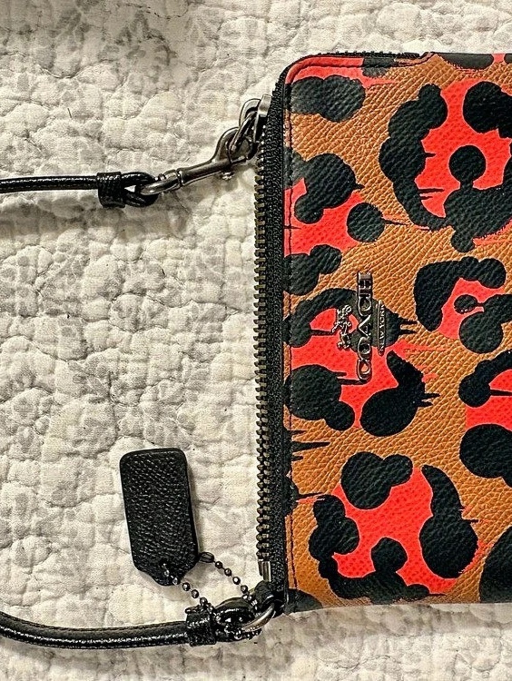 Coach Corner Zip Wristlet With Leopard Print Red & Brown